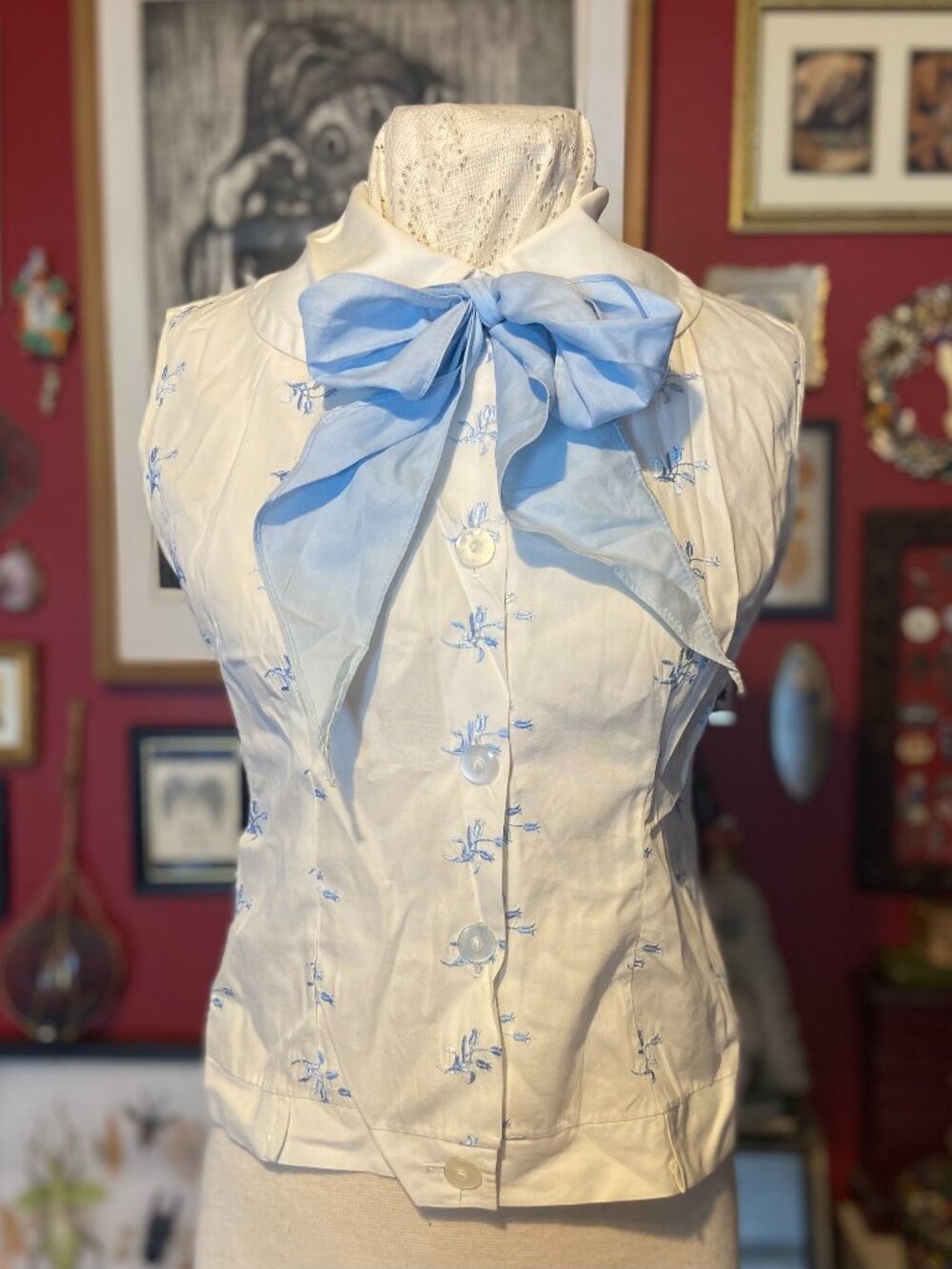Vintage White Sleeveless Blouse 50's to 60's No Tags Blue Bow and Embroidery